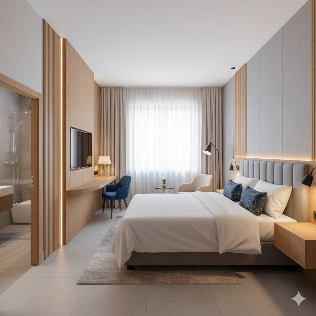 Parvixo guest room with linen bedding, blackout curtains, and warm ambient lighting